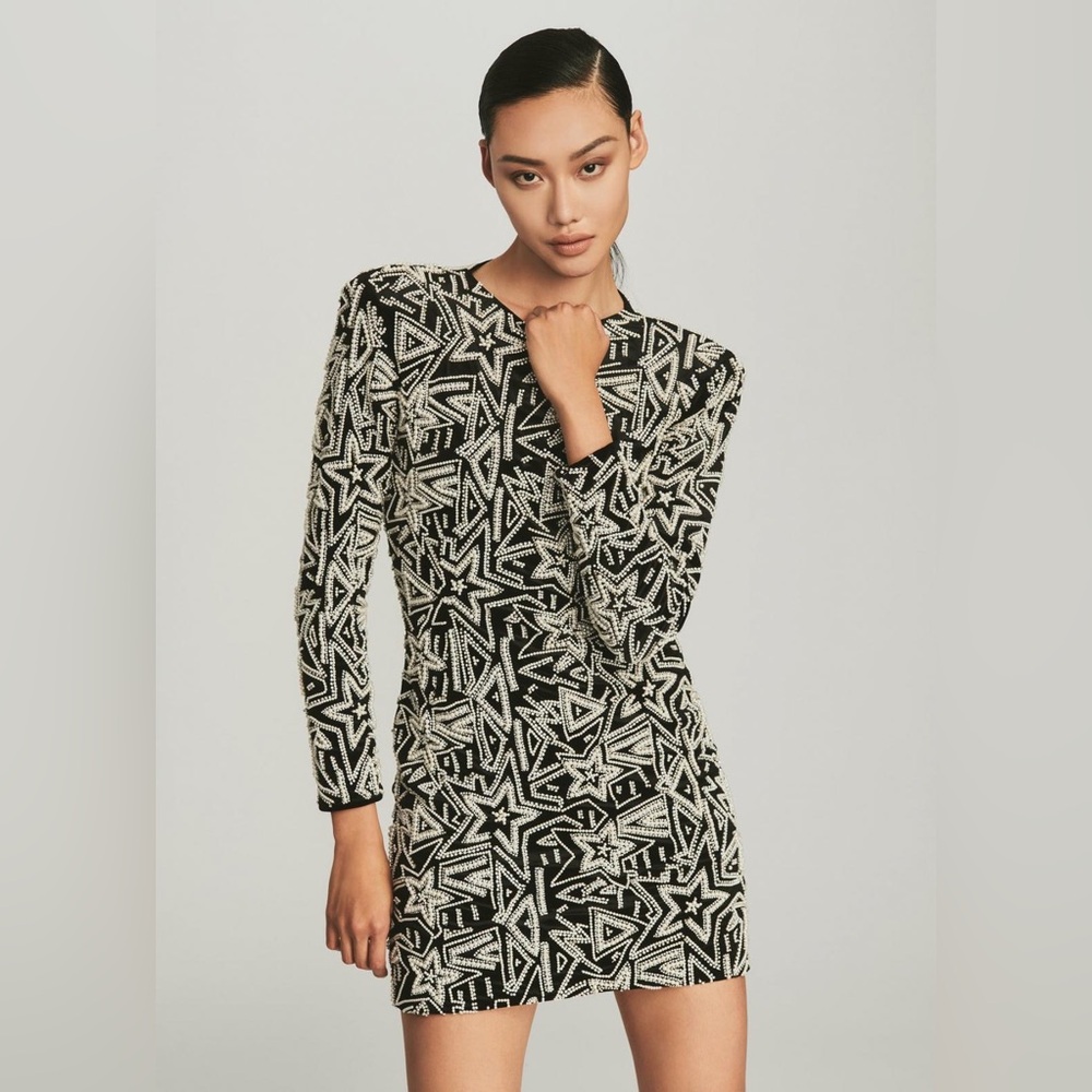 RETROFETE NIKKI PEARL STAR BEADED MINI DRESS LONG SLEEVES SIZE XS